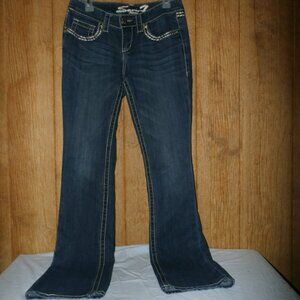 Seven7 Jeans Womens 4 Blue Dark Wash Thick Stitch Boot Cut Bling Back Flap